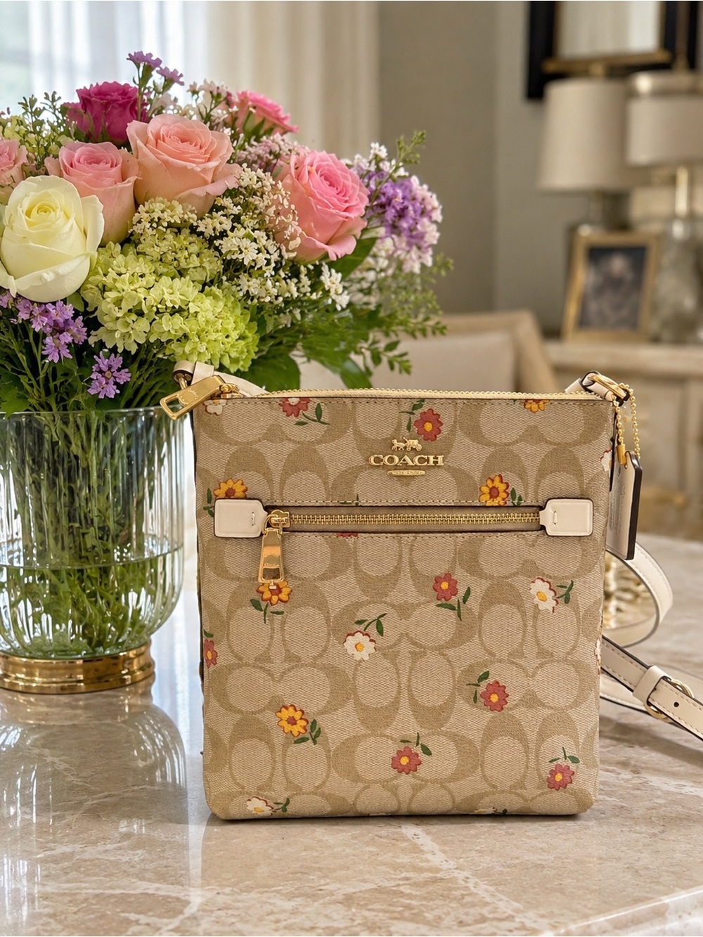 Coach Signature Floral Jacquard Crossbody Bag in Beige